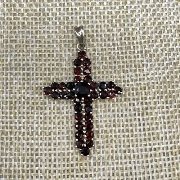 925 Bohemian Style Garnet Sterling Silver Vermeil Cross Pendant - Picture 2 of 7